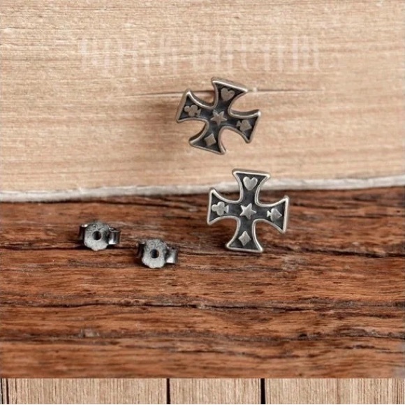 Single Accent 925 sterling silver earrings for men cross poker - Picture 2 of 7